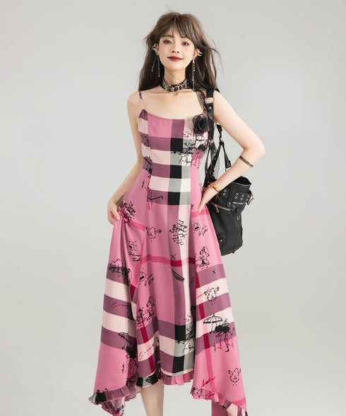 Graffiti Plaid Frill Dress